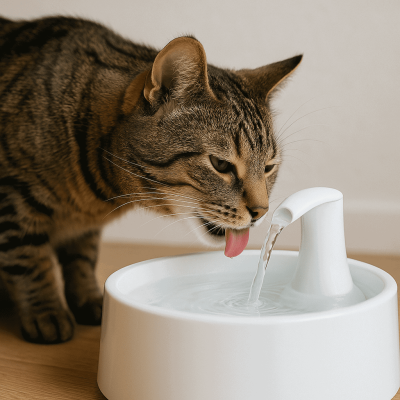 gato bebiendo agua de fuente automática